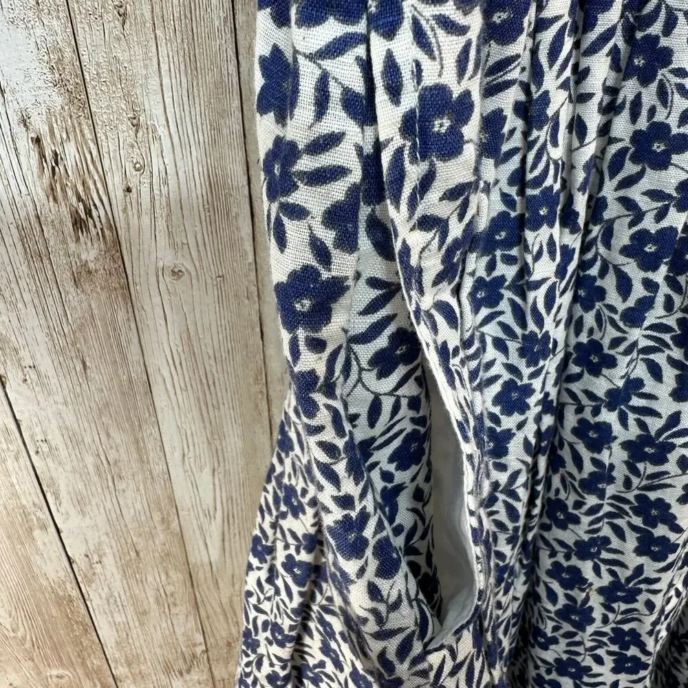 J. Crew Fit & Flare Linen‎ Dress Womens Size 0 White Blue Floral Pleated Pockets